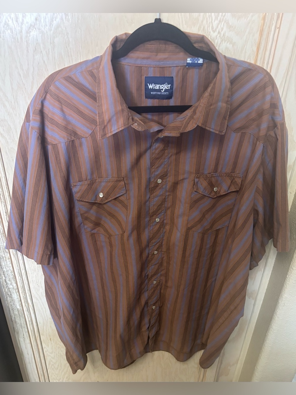 Wrangler Mens Sz 3X Brown Blue Striped Pearl Snap Short Sleeve Western Shirt